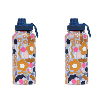 2PK Annabel Trends Watermate 950ml Stainless Steel Bottle Floral Puzzle Mustard