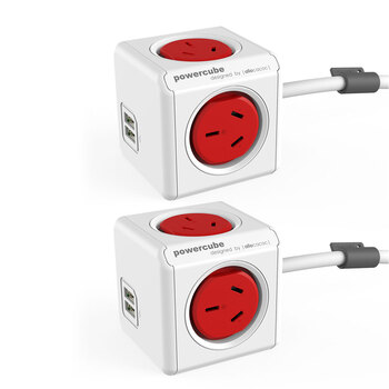 2PK Powercube 4 Socket Mountable Power Board 3m w/Dual USB - Red