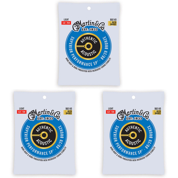 3PK Martin Guitar MA140 Authentic Acoustic String 80/20 Bronze Light Gauge