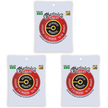 3PK Martin Guitar MA170T Authentic Treated Strings 80/20 Bronze Extra Light