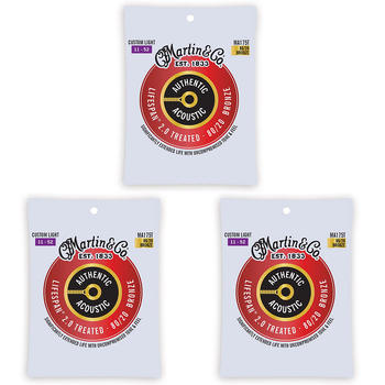 3PK Martin Guitar MA175T Authentic Treated Strings 80/20 Bronze Custom Light