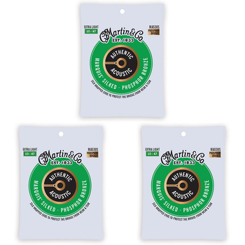3PK Martin Guitar MA530S Authentic Silked Strings 92/8 Phosphor Bronze Extra Light