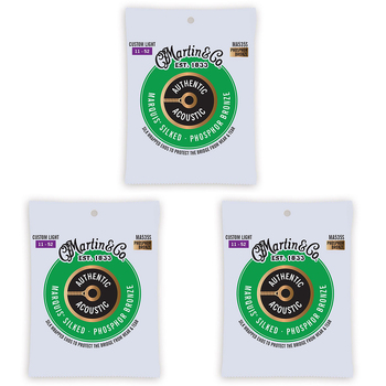 3PK Martin Guitar MA535S Authentic Silked Strings 92/8 Phosphor Custom Light