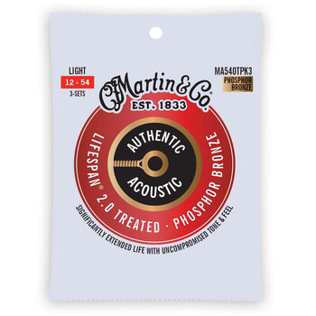 3PK Martin Guitar MA540TPK3 Authentic Treated Strings 92/8 Phosphor Light