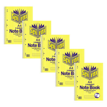 5PK Spirax 596 5 Subject A4 Notebook 250 Pages 7mm Ruled Yellow