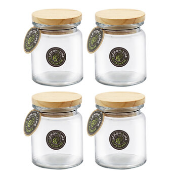 4PK Lemon & Lime Glass Jar With Wooden Lid 250Ml 10.5cm X 8.5cm