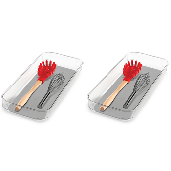 2PK Madesmart Clear Soft Grip Bin Kitchen Drawer Organiser Rect 40x17.5cm Grey
