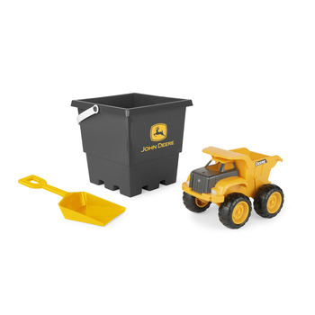 John Deere 15cm Sand Pit Bucket Set: Yellow Dump Truck w/Black Square Bucket & Yellow Shovel 18M+