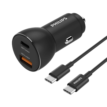 Philips QC+PD Dual Port Car Charger w/ USB-C to Type-C Cable - Black