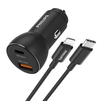 Philips QC+PD Dual Port Car Charger w/ USB-C to Mfi Certified Lightning Cable - Black