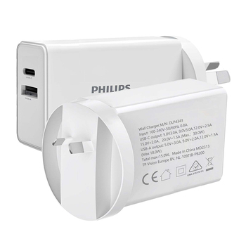 Philips 30W USB-A/USB-C Wall Charger Plug Adapter For iPhone/Samsung White