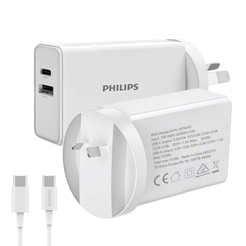 Philips 30W Wall Charger Adapter w/ USB-C to Type-C Cable For Samsung White