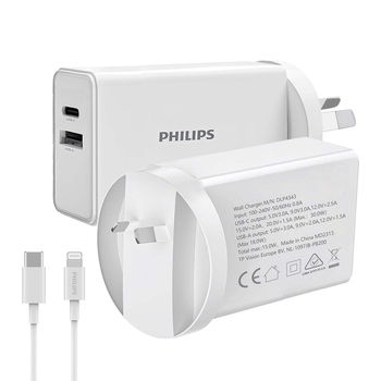 Philips 30W Wall Charger Adapter w/Cable For iPhone WHT