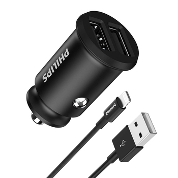 Philips Dual USB-A Port Car Charger w/ Mfi Certified Lightning Cable - Black