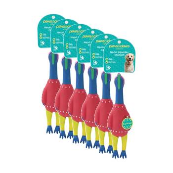 6PK Paws and Claws Vinyl Neon Squeaky Chicken 25x7x4cm Tough Rubber Assorted