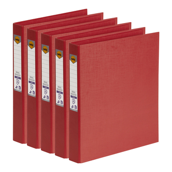 5PK Marbig PE/Linen 2 D-Ring 25mm A4 Binder File Organiser - Red