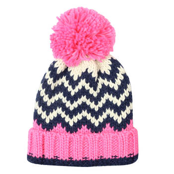 Foote Street Chevron Beanie With Pom Pom For Kids M/L - Pink/Navy - 7Y-10Y