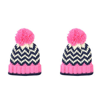 2PK Foote Street Chevron Beanie With Pom Pom For Kids M/L - Pink/Navy - 7Y-10Y