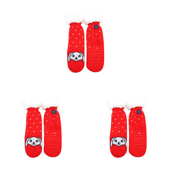 3PK Foote Street Slipper Socks For Kids -  Dog - Warm And Cozy - Red - 3Y+