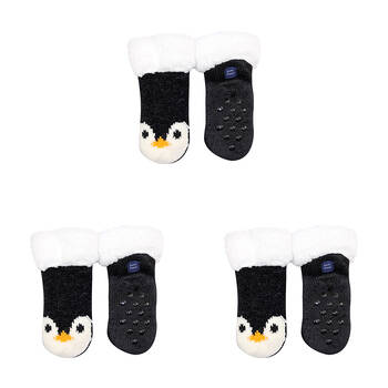 3PK Foote Street Slipper Socks Penguin Chenille For Toddlers - Black - 12M-24M