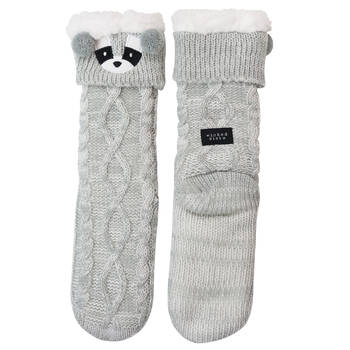 Wicked Sista Animal Slipper Socks Raccoon Cuff One Size - Grey
