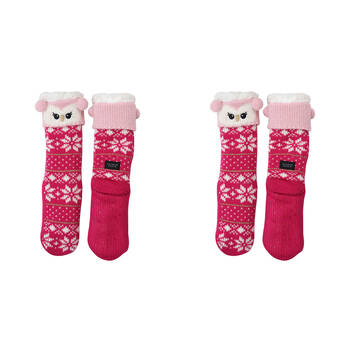 2PK Wicked Sista Animal Slipper Socks Owl Cuff One Size - Pink