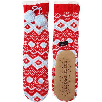 Wicked Sista Slipper Socks Diamond Nordic w/ Pom Poms One Size - Red