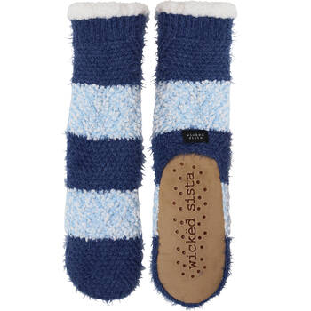 Wicked Sista Slipper Socks Stripey Knit Non-Slip One Size - Blues