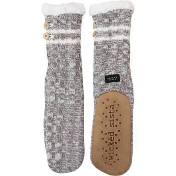 Wicked Sista Slipper Socks Cable Knit Non-Slip One Size - Grey & White