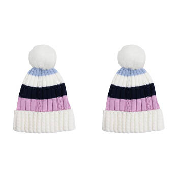 2PK Wicked Sista Acrylic Stripe Beanie w/ Pom Pom One Size Winter Hat