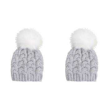 2PK Wicked Sista Acrylic Braided Beanie w/ Pom Pom One Size - Grey