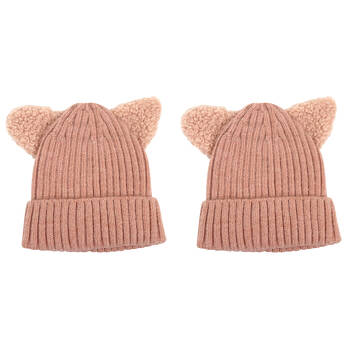 2PK Foote Street Kitty Beanie For Toddler Winter Cap - Dusty Pink - 8M-2Y