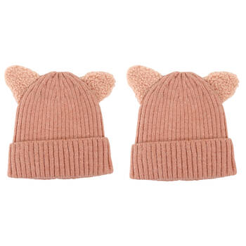 2PK Foote Street Kitty Beanie For Kids Winter Cap - Dusty Pink - 2Y-3Y