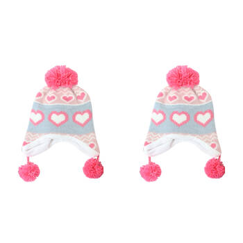 2PK Foote Street Unisex Love Heart Beanie w/ Pom Pom For Kids S/M Multi 3Y-6Y