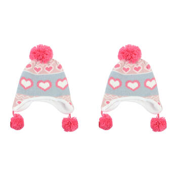 2PK Foote Street Unisex Love Heart Beanie w/ Pom Pom For Kids M/L Multi 7Y-10Y