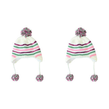 2PK Foote Street Unisex Multi Stripe Beanie w/ Pom Pom For Kids S/M Multi 3Y-6Y