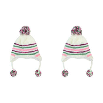 2PK Foote Street Unisex Multi Stripe Beanie w/ Pom Pom For Kids M/L Multi 7Y-10Y