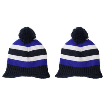 2PK Foote Street Unisex Multi Stripe Beanie w/ Pom Pom Kids S/M Blue 3Y-6Y