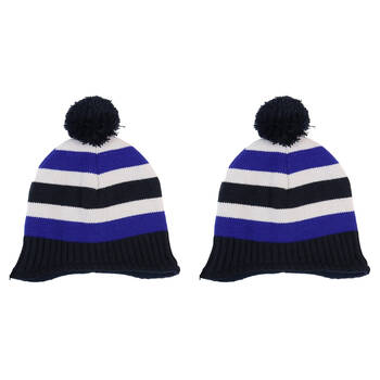 2PK Foote Street Unisex Multi Stripe Beanie w/ Pom Pom Kids M/L Blue 7Y-10Y