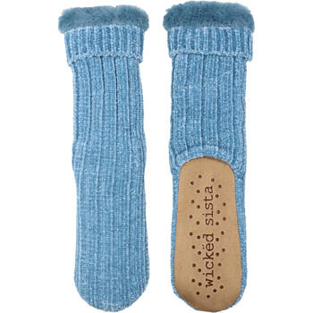 Wicked Sista Slipper Socks Chenille Rib Knit Non-Slip One Size - Blue
