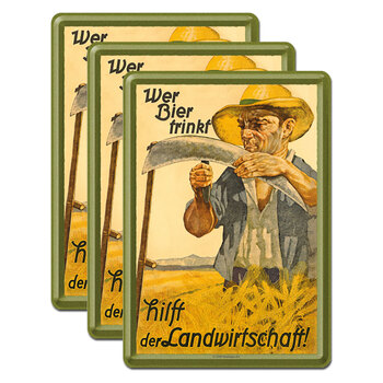 3PK Nostalgic Art Metal Mailing Postcard Who Drinks Beer Helps Agriculture 10x14cm