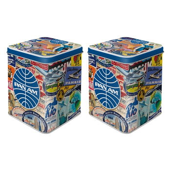 2PK Nostalgic Art Tea Tin 7.5x9.5cm Metal Storage Pan Am Travel Collage