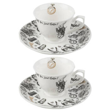 2PK Mikasa x V & A Alice In Wonderland Espresso Cup and Saucer Set White/Black