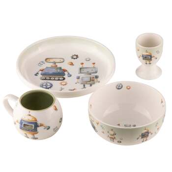 4pc Ashdene Robots Kids Ceramic 200ml Mug/Egg Cup/Bowl/Plate Set