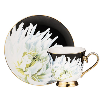 Ashdene Dark Florals White Dahlia Drinking Cup & Saucer Tea Set 180ml
