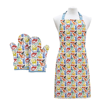 3pc Ashdene Quirky Cats Apron & Oven Mitt Kitchen Set