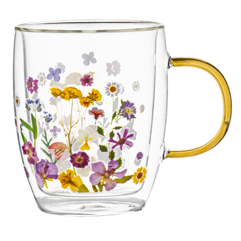 Ashdene Pressed Flowers 350ml Double Walled Glass Mug w/ Gold Handle