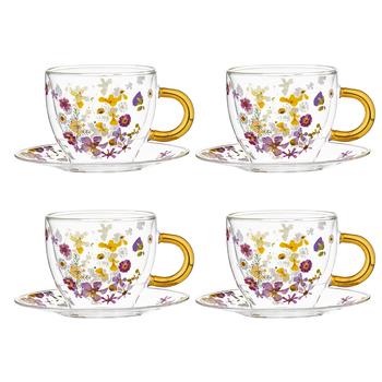 8pc Ashdene Pressed Flowers 350ml Double Walled Glass Cup & Saucer