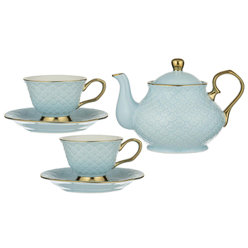 Ashdene New Bone China Ripple Teapot & 2 Teacup Set Powder Blue