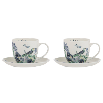 2PK Ashdene Iris Garden White Cup & Saucer Fine Bone China Set